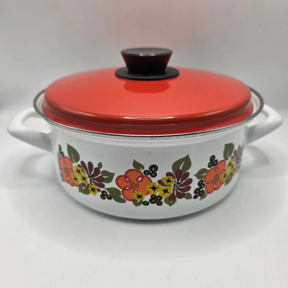 Austria Email Casserole Pot Vintage‎ White Orange Floral Enamelware MCM Cookware